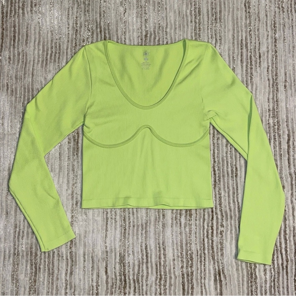 Aura Lime Green Long Sleeve Ribbed Women's Top